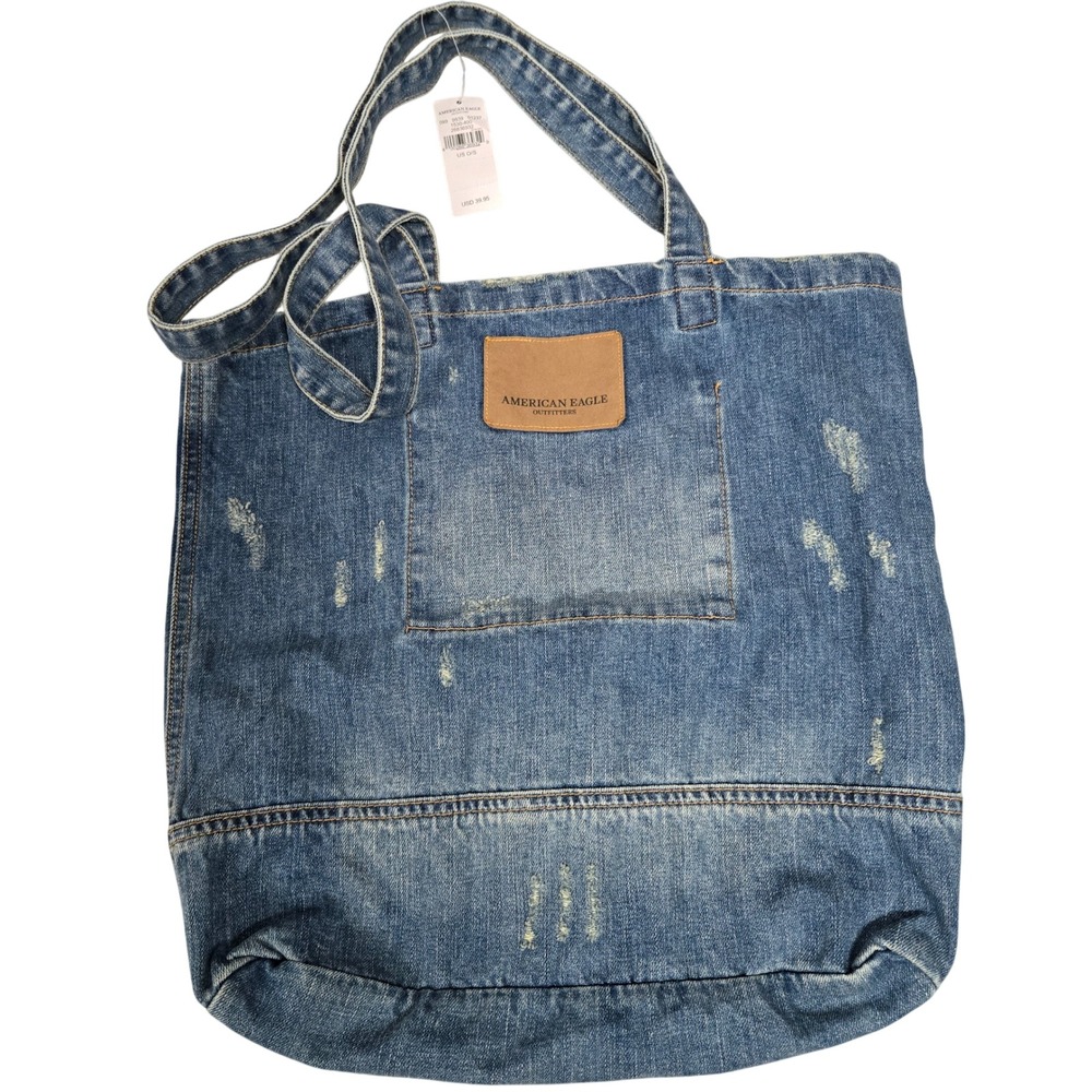 American Eagle Outfitters Denim Tote Bag Distressed Blue Logo Beach School L NWT